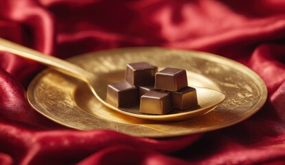 Dark chocolate squares on a gold spoon and plate, draped in crimson fabric