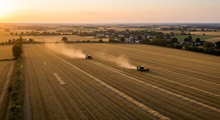Obraz premium Golden fields stretch towards the horizon, where combine harvesters tirelessly work under the warm glow of a sunset, depicting the rhythm of agricultural life. 