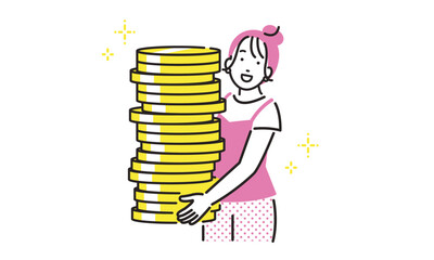 重なったコインを持つ若い女性