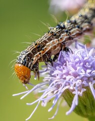 Spiky Caterpillar with Orange Head Feeding on Purple Wildflower in Natural Garden Setting - Macro...