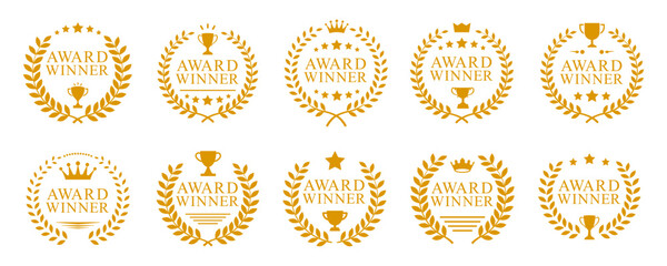 Golden award winner emblems set, gold award badges with laurel wreaths, stars, trophies and crowns symbols