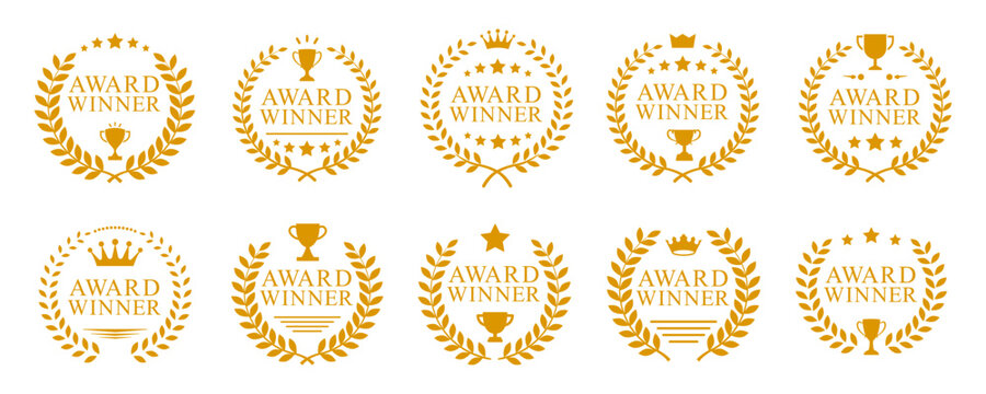 Golden award winner emblems set, gold award badges with laurel wreaths, stars, trophies and crowns symbols