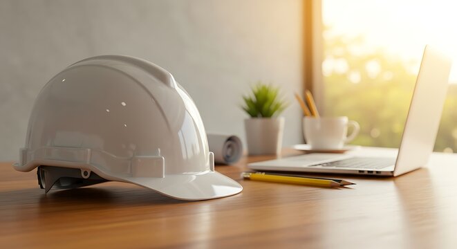 Hard hat on desk with laptop and coffee in bright office space