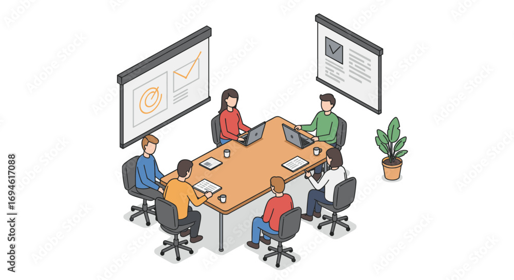 Poster collaborative office teamwork meeting in isometric design with diverse colleagues and charts