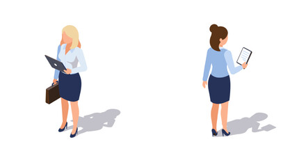 Isometric businesswomen with devices and briefcase on white background