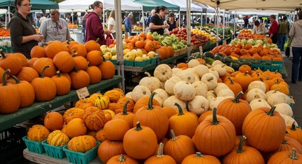 A bustling farmers market, brimming with a vibrant harvest of pumpkins and fresh produce, epitomizing the season's bounty and community spirit.