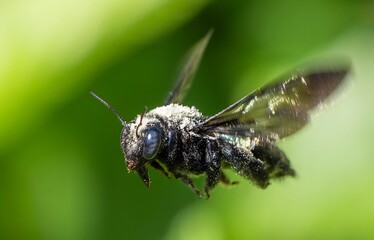 Flying bee macro closeup with compound eyes and pollen covered body against green background