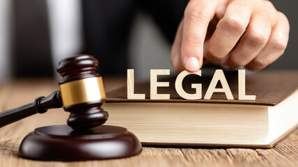 Hand places wooden letters spelling LEGAL on book next to gavel, symbolizing law and justice. scene conveys authority and professionalism in legal context