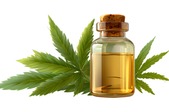 cannabis oil bottle and leaf isolated