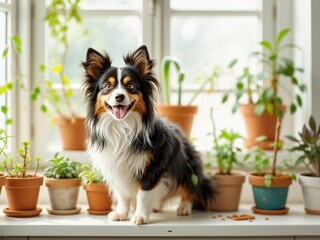 Joyful Miniature Australian Shepherd by Window Plants