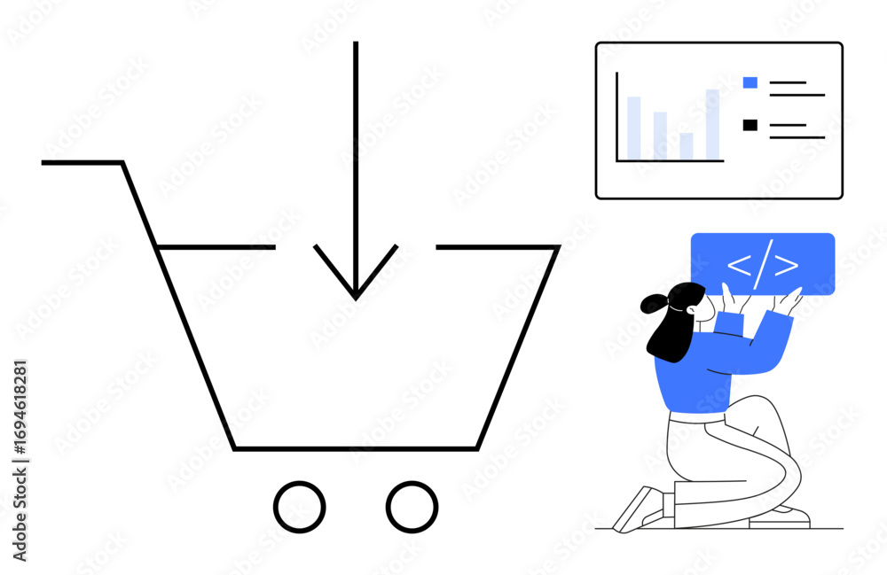 Aufkleber shopping cart with download arrow, developer holding code screen, data chart. ideal for e-commerce, 