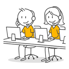 Stick figures. Two customer service representatives communicating at their computers in a call center.