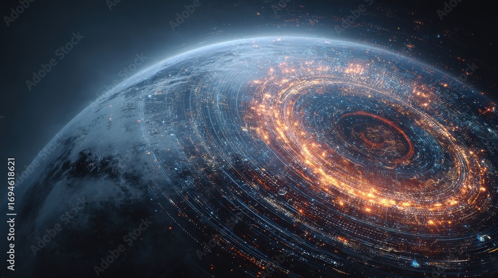 Aufkleber high-tech planet seen from orbit with swirling concentric rings of light representing digital commun