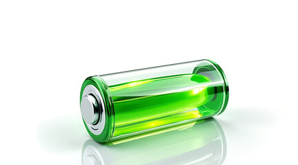 Transparent glass battery with green liquid inside, symbolizing energy and power in clean, modern design on white background