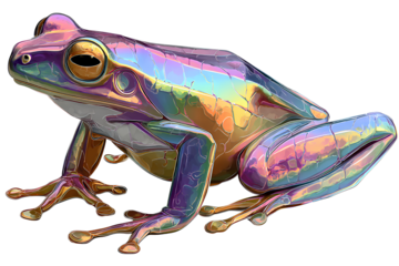 colorful, iridescent cartoon frog, with a shiny chrome texture