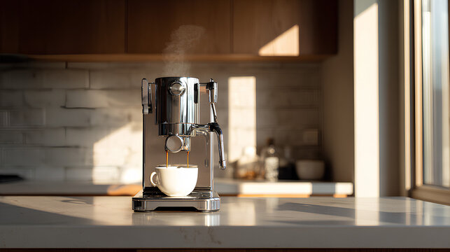 Modern espresso coffee machine brewing fresh drink in bright kitchen interior