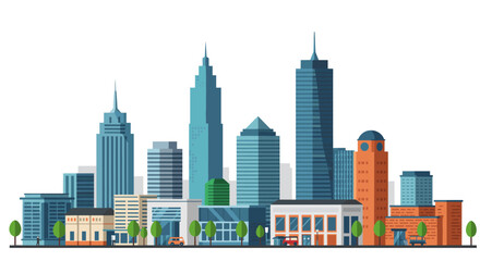 Naklejka premium Modern cityscape with skyscrapers and urban skyline in flat design