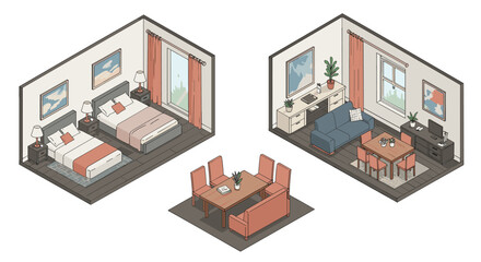 Naklejka premium Cozy isometric room designs with modern furniture and stylish decor