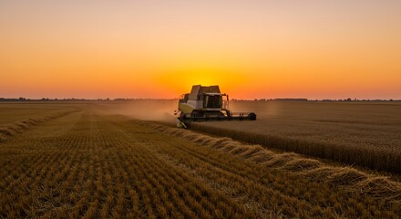 Fototapeta premium A harvester machine working on a expansive wheat field. The machine moves swiftly, cutting a swath through the golden field under the golden light of dusk.