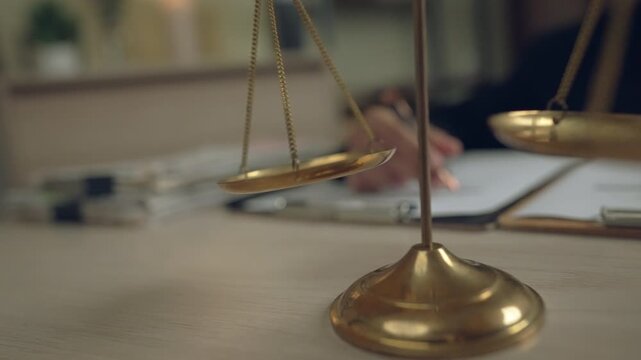 Close-up of justice scales and lawyer signing contract on desk in law office. Legal authority and decision-making concept.