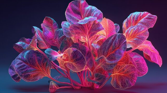 Vibrant, digital rendering of a cluster of leaves with a wireframe structure, bathed in a spectrum of neon colors.
