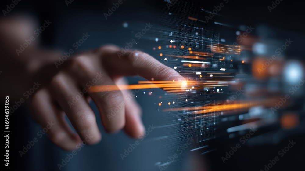 Poster human finger touching a futuristic digital interface with glowing data streams and network connectio