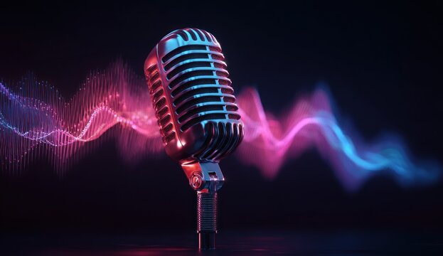 Retro microphone with vibrant audio waves