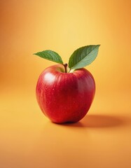 Single red apple with two green leaves sits on orange background. This vibrant fruit illustration emphasizes healthy food, organic produce, perfect for marketing, advertising healthy eating concepts.