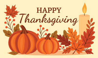Vector Thanksgiving banner with pumpkins, candle and autumn leaves on light background. Cozy flat vector style, perfect for seasonal promotions, greetings and social media