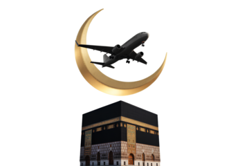 Transparent Background Kaaba with Airplane Silhouette and Crescent Moon, Islamic Pilgrimage Concept,