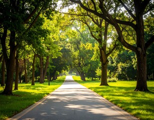 Obraz premium Sunlight-drenched park path lined with trees