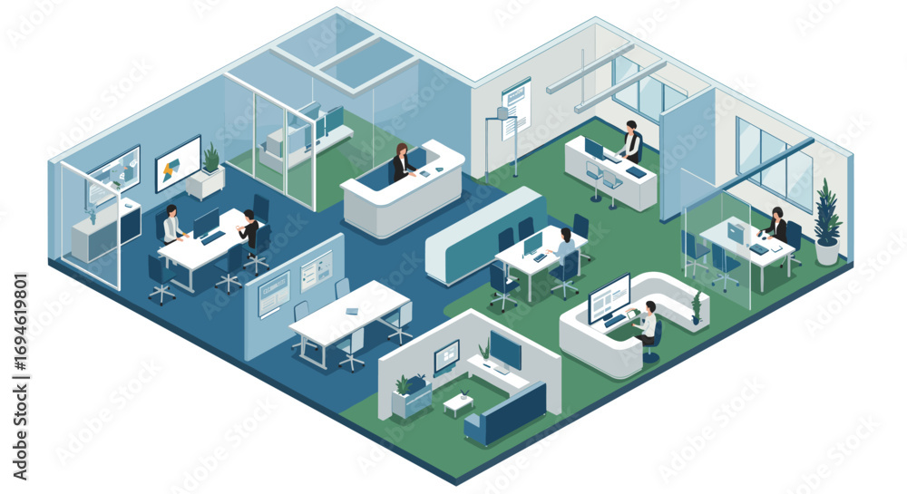 Poster modern office layout with isometric design featuring team collaboration and digital workspaces