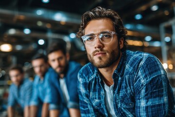 Focused Young Man in Blue Shirt with Clear Glasses Among Blurred Colleagues in Industrial Setting