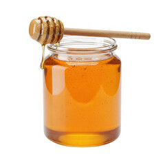 A glass jar filled with golden honey and a wooden honey dipper resting on its rim isolated on transparent background