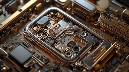 A metallic, intricate electronic device with a golden, metallic finish, featuring a sleek, modern design with a focus on technology and engineering.