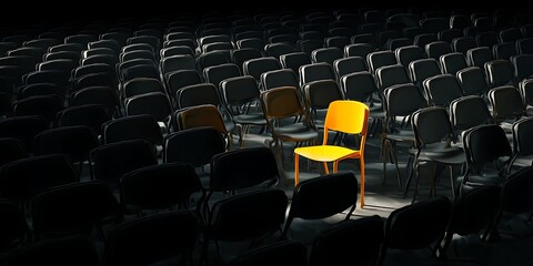 Single Yellow Chair Among Many Rows of Chairs in Dark Room