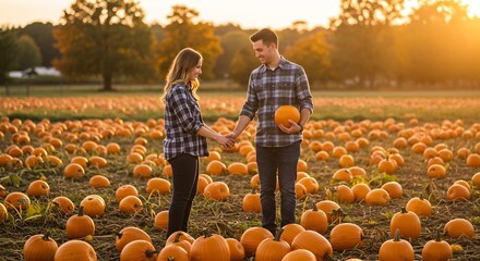 A loving couple, hand in hand, embraces a picturesque autumn scene within a pumpkin patch, radiating warmth and romance under the setting sun.