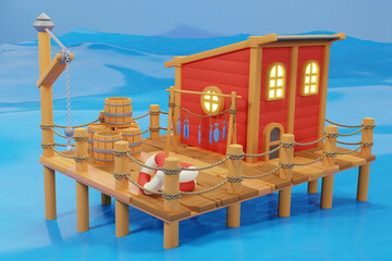 Stilt red fisherman house in the middle of the sea - 3D illustration