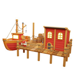 Stilt red fisherman's houses in the middle of the sea and a fishing boat - 3D illustration