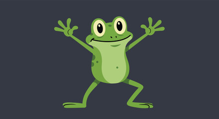 A cheerful green frog with outstretched arms leaps joyfully against a colourful backdrop, embodying happiness and cartoonish charm in a playful manner