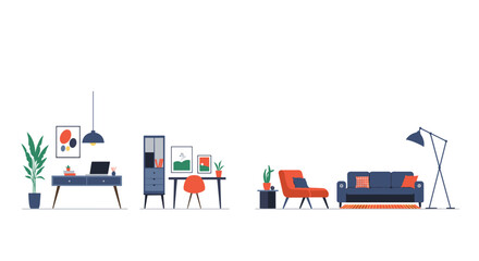 Fototapeta premium Modern minimalist living room and office setup with mid-century furniture