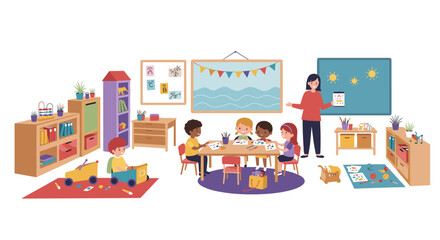 Naklejka premium Colorful classroom scene with children engaged in fun learning activities