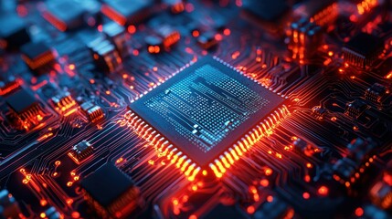 Fototapeta premium A glowing computer chip with red and blue lights on a dark background.