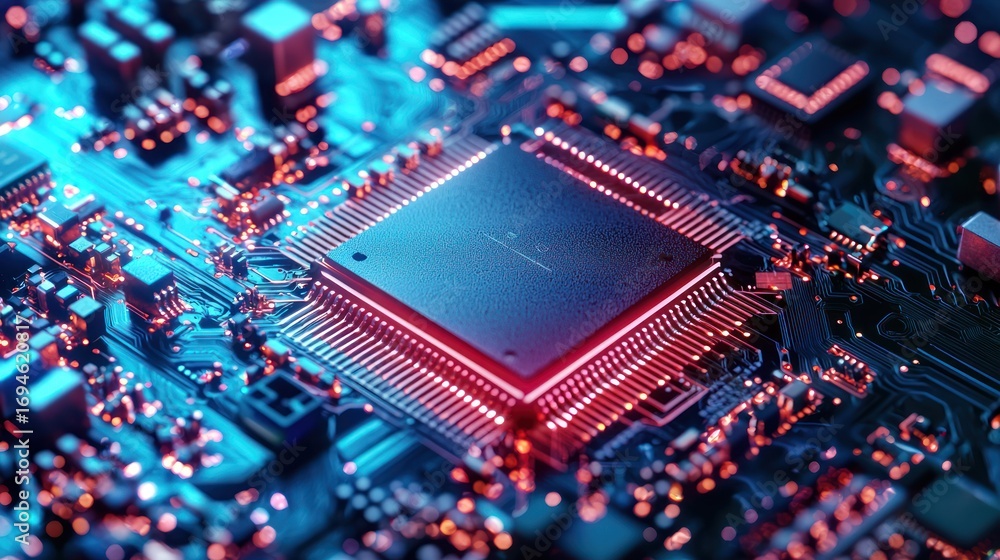 Poster a computer chip with blue and red lights on it.
