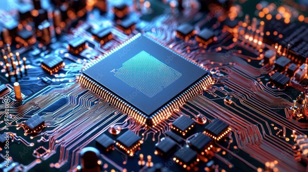 Poster a computer chip on a circuit board with a blue and red light shining through it.