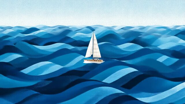 White sailboat floating on vast ocean waves in artistic blue seascape minimal style with nautical adventure theme