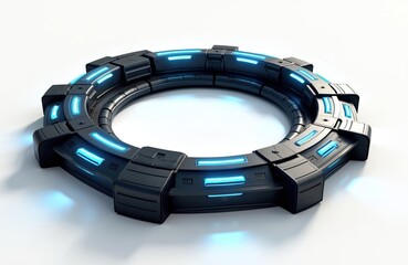 Naklejka premium Futuristic circular spaceship cockpit detail with blue glowing elements. High-tech, three-dimensional design featuring spacecraft advanced technology. Ideal for space exploration, sci-fi concepts,