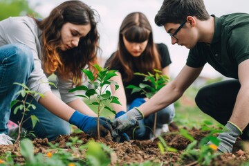 Fototapeta na wymiar Young people planting trees in a park.