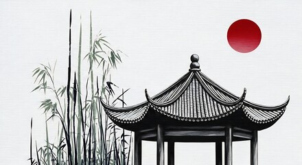 Japanese Pagoda and Bamboo Silhouette with Red Sun on Textured White Background
