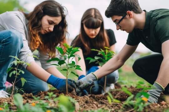 Young people planting trees in a park. - Powered by Adobe